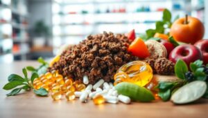 Jak witamina d wpływa na odporność i dlaczego jej brakuje tak wielu osobom A close-up shot showcasing an array of high-quality hair supplement ingredients, featuring vibrant clusters of biotin, keratin, and vitamins, surrounded by fresh natural elements like leafy greens and colorful fruits. The scene is set on a sleek, wooden table, with soft, diffused lighting enhancing the textures and colors of the ingredients. In the background, a blurred view of a modern pharmacy or wellness store, conveying a professional mood. The composition is thoughtfully arranged to highlight the supplements while ensuring the focus remains on their natural origins and benefits. The atmosphere is clean, inviting, and informative, emphasizing the importance of selecting the right vitamins for hair health.