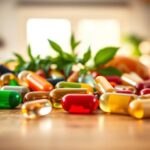 A close-up view of a variety of colorful capsules and softgels arranged artistically on a smooth wooden surface. In the foreground, focus on the intricate details of the capsules, showcasing different shapes, sizes, and vibrant colors that represent various vitamins. In the middle ground, softly blurred, add some greenery, like fresh herbs or leafy plants, emphasizing a natural approach to health. In the background, a warm, diffuse natural light filters through a window, creating a calm and inviting atmosphere. The image should have a sharp focus on the capsules, with a gentle bokeh effect surrounding the herbal elements, conveying a sense of wellness and vitality. The overall mood should be serene and informative, perfect for illustrating the importance of ingredient forms and bioavailability in supplements.