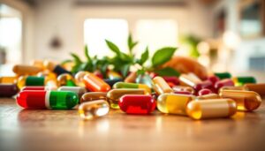 A close-up view of a variety of colorful capsules and softgels arranged artistically on a smooth wooden surface. In the foreground, focus on the intricate details of the capsules, showcasing different shapes, sizes, and vibrant colors that represent various vitamins. In the middle ground, softly blurred, add some greenery, like fresh herbs or leafy plants, emphasizing a natural approach to health. In the background, a warm, diffuse natural light filters through a window, creating a calm and inviting atmosphere. The image should have a sharp focus on the capsules, with a gentle bokeh effect surrounding the herbal elements, conveying a sense of wellness and vitality. The overall mood should be serene and informative, perfect for illustrating the importance of ingredient forms and bioavailability in supplements.