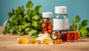 A neatly arranged assortment of dietary supplements showcasing various forms of intake: a clear capsule, a softgel, a scoop of vitamin powder, and a small shot bottle. The foreground features the supplements displayed on a natural wooden table, well-lit with soft, warm lighting that highlights their textures. In the middle ground, a blurred view of green and leafy herbs enhances the health-centric theme. The background contains a soft blue gradient to evoke a sense of calm and wellness. The image should convey an atmosphere of vitality and well-being, aiming for a clean, organized appearance that emphasizes the different forms of vitamin supplements. The focus should be sharp on the supplements, while the surrounding elements enhance the overall theme without distraction.