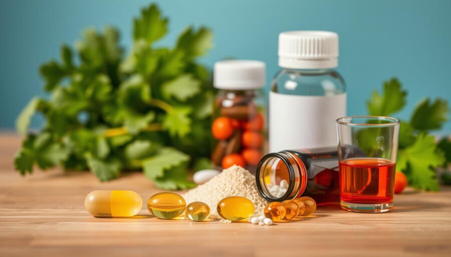 A neatly arranged assortment of dietary supplements showcasing various forms of intake: a clear capsule, a softgel, a scoop of vitamin powder, and a small shot bottle. The foreground features the supplements displayed on a natural wooden table, well-lit with soft, warm lighting that highlights their textures. In the middle ground, a blurred view of green and leafy herbs enhances the health-centric theme. The background contains a soft blue gradient to evoke a sense of calm and wellness. The image should convey an atmosphere of vitality and well-being, aiming for a clean, organized appearance that emphasizes the different forms of vitamin supplements. The focus should be sharp on the supplements, while the surrounding elements enhance the overall theme without distraction.