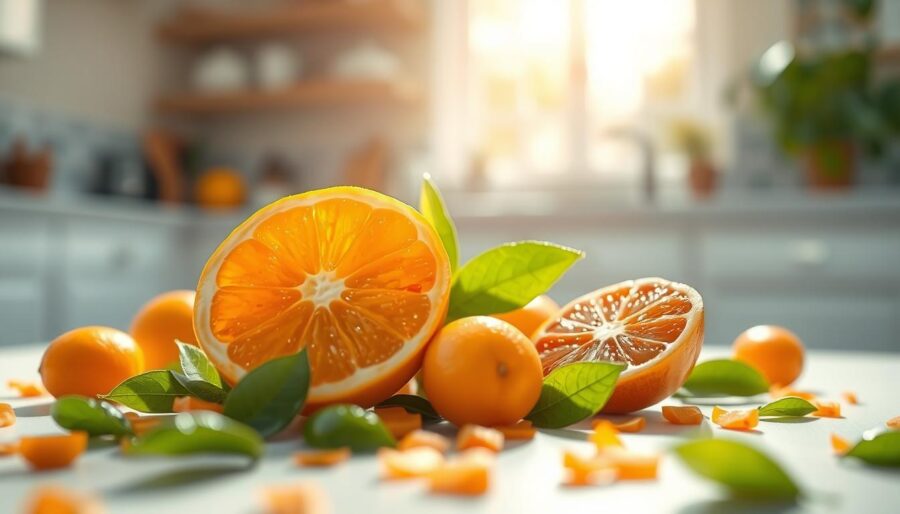 A vibrant and fresh illustration focused on Vitamin C, showcasing a halved orange and a scattering of vivid, juicy citrus fruits in the foreground, radiating brightness. The middle ground features soft, blurred green leaves, symbolizing natural health and vitality. In the background, a tranquil, light-filled kitchen environment is suggested, creating a warm and inviting atmosphere. The lighting is bright and natural, with a soft focus effect, capturing the essence of health benefits linked to Vitamin C: antioxidants, collagen synthesis, and immune support. The overall mood is refreshing, optimistic, and invigorating, inviting viewers to appreciate the role of Vitamin C in their wellness journey.