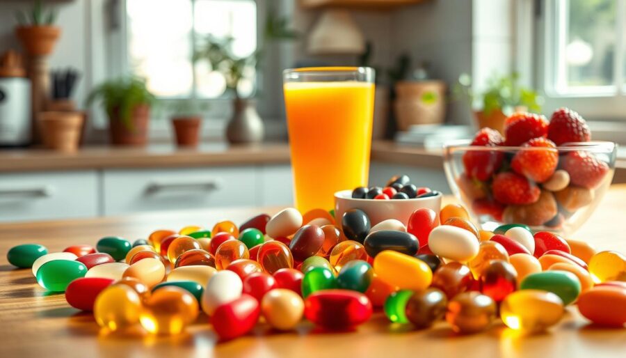 A vibrant assortment of multivitamin supplements is artfully arranged on a wooden kitchen countertop. The foreground showcases colorful, glossy tablets in various shapes—some round, others oval or gummy—reflecting soft, natural light. In the middle ground, a glass of fresh orange juice sits alongside a small bowl of mixed berries, hinting at a healthy lifestyle. The background features a bright kitchen with herbal plants on the windowsill, creating a warm, inviting atmosphere. A light breeze wafts through the open window, adding a dynamic feel. The image should be captured with a shallow depth of field, focusing on the multivitamins, while providing a soft blur for the background elements, enhancing the sense of freshness and vitality. A vibrant assortment of multivitamin supplements is artfully arranged on a wooden kitchen countertop. The foreground showcases colorful, glossy tablets in various shapes—some round, others oval or gummy—reflecting soft, natural light. In the middle ground, a glass of fresh orange juice sits alongside a small bowl of mixed berries, hinting at a healthy lifestyle. The background features a bright kitchen with herbal plants on the windowsill, creating a warm, inviting atmosphere. A light breeze wafts through the open window, adding a dynamic feel. The image should be captured with a shallow depth of field, focusing on the multivitamins, while providing a soft blur for the background elements, enhancing the sense of freshness and vitality.