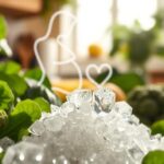 A vibrant close-up of folic acid (kwas foliowy) in the foreground, showcasing its crystalline structure with brilliant facets glistening under soft, natural lighting. Surrounding the crystals, fresh green leafy vegetables, such as spinach and broccoli, emphasize the dietary sources of vitamin B9. In the middle ground, visualize pregnancy-related symbols, like a gentle outline of a mother cradling her belly and a heart shape symbolizing cardiovascular health, subtly integrated into the foliage. The background softly blurs into a warm, inviting kitchen scene, light streaming through a window, evoking a sense of health and well-being. The overall mood is uplifting and hopeful, encouraging wellness and the importance of folic acid during pregnancy.