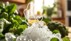 A vibrant close-up of folic acid (kwas foliowy) in the foreground, showcasing its crystalline structure with brilliant facets glistening under soft, natural lighting. Surrounding the crystals, fresh green leafy vegetables, such as spinach and broccoli, emphasize the dietary sources of vitamin B9. In the middle ground, visualize pregnancy-related symbols, like a gentle outline of a mother cradling her belly and a heart shape symbolizing cardiovascular health, subtly integrated into the foliage. The background softly blurs into a warm, inviting kitchen scene, light streaming through a window, evoking a sense of health and well-being. The overall mood is uplifting and hopeful, encouraging wellness and the importance of folic acid during pregnancy.