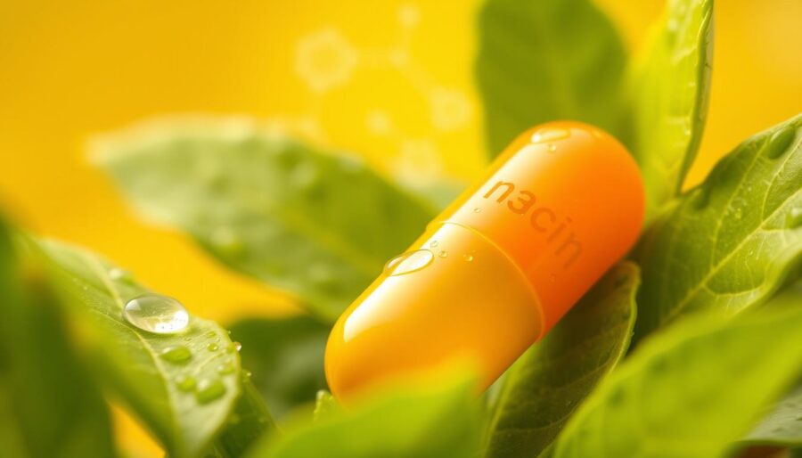 A vibrant close-up of niacin (vitamin B3) depicted as a bright yellow and orange capsule, surrounded by fresh green leaves symbolizing nature and health. In the foreground, showcase the capsule in sharp focus, with drops of water glistening on the leaves, highlighting freshness. In the middle ground, faint images of glucose molecules and neural pathways subtly blend into the background, representing glycolysis and the nervous system. Use soft, diffused lighting to create a warm and inviting atmosphere, evoking feelings of vitality. The background should feature a gradient of light colors, transitioning from warm yellow at the top to soft green at the bottom, symbolizing growth and nourishment. The angle should be slightly tilted to add a dynamic feel to the composition, capturing the essence of niacin's role in lipid profiles and overall health.