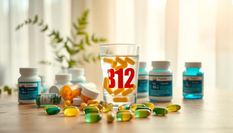 A vibrant flat lay composition showcasing Vitamin B12 supplements. In the foreground, a variety of B12 supplement capsules and tablets, arranged artfully on a wooden tabletop. The middle ground features a glass of water with a few capsules floating nearby, symbolizing hydration. In the background, soft, diffused natural light filters through sheer curtains, creating a warm, inviting atmosphere. Subtle hints of green plants peeking from the edges add a fresh, health-conscious feel. The focus is sharp on the supplements, while the background is slightly blurred to emphasize the main subject. The overall mood is one of wellness and vitality, perfect for illustrating the importance of B12 supplementation.