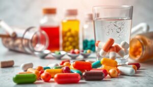 A visually appealing layout featuring various forms of dietary supplements: in the foreground, prominently displayed a handful of vibrant capsules and tablets in assorted colors—some shiny, others matte. Beside them, a sleek bottle of effervescent tablets sits open, showcasing a few foaming bubbles rising in a clear glass of water. In the middle ground, a few small bottles filled with colorful liquid supplements are neatly arranged, alongside measuring spoons for dosage. The background is softly blurred to evoke a calm atmosphere, with gentle, natural lighting highlighting the textures and shapes of the supplements. The setting conveys a sense of health and vitality, inviting the viewer to consider the importance of vitamins for adults.
