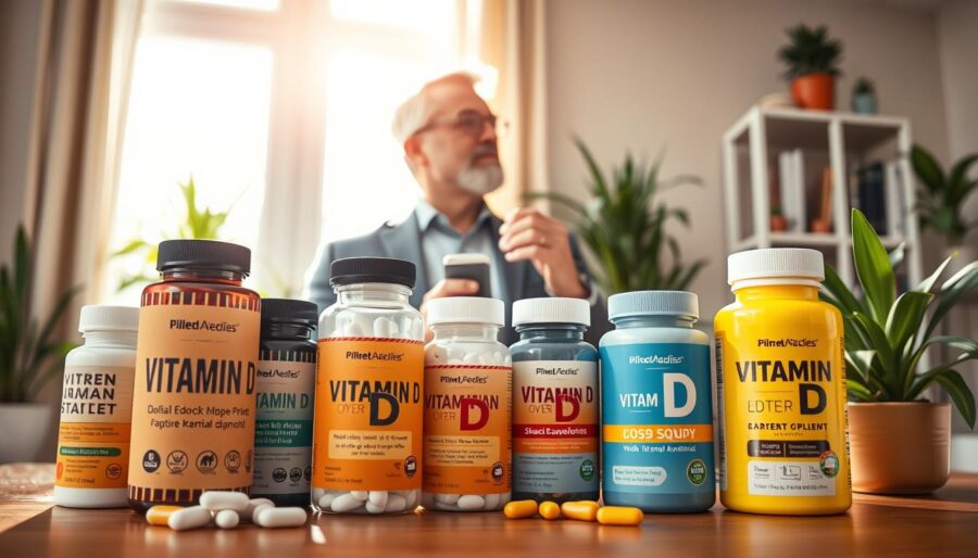 A visually informative composition highlighting the essence of vitamin D for men over 40. In the foreground, display a collection of vitamin D supplements in well-designed, masculine packaging, emphasizing the key ingredients and benefits. In the middle ground, include a middle-aged man in smart casual attire, appearing healthy and engaged, perhaps holding a supplement bottle while looking out towards a bright, sunlit window, symbolizing the connection to sunlight and vitamin D. The background should feature a warm, inviting home office setting with natural light streaming in, adorned with plants to convey vitality and well-being. The atmosphere should feel balanced and uplifting, evoking a sense of wellness and energy, ideal for promoting health in mature men.