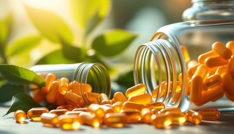 An artistic representation of vitamin D3 as a central element in a multi-vitamin composition. In the foreground, visualize vibrant vitamin D3 capsules spilling from an elegant glass bottle, with a soft golden glow emanating from the capsules. The middle ground features fresh sunlight filtering through green leaves, symbolizing the natural sources of vitamin D3. In the background, illustrate a blurred subtle gradient of warm colors, echoing morning sunlight. The overall mood should be bright and optimistic, reflecting health and vitality. Use soft, diffused lighting to create a serene atmosphere. Capture this scene with a slight upward angle to emphasize the uplifting essence of vitamin D3, ensuring no text or watermarks are present. An artistic representation of vitamin D3 as a central element in a multi-vitamin composition. In the foreground, visualize vibrant vitamin D3 capsules spilling from an elegant glass bottle, with a soft golden glow emanating from the capsules. The middle ground features fresh sunlight filtering through green leaves, symbolizing the natural sources of vitamin D3. In the background, illustrate a blurred subtle gradient of warm colors, echoing morning sunlight. The overall mood should be bright and optimistic, reflecting health and vitality. Use soft, diffused lighting to create a serene atmosphere. Capture this scene with a slight upward angle to emphasize the uplifting essence of vitamin D3, ensuring no text or watermarks are present.